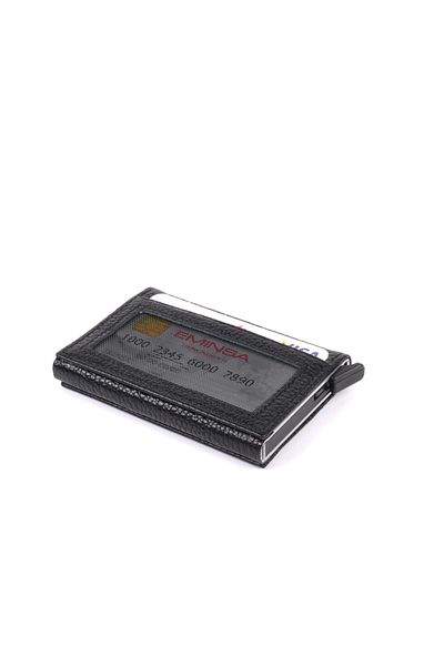 Eminsa Black Plain Leather Mechanical Card Holder