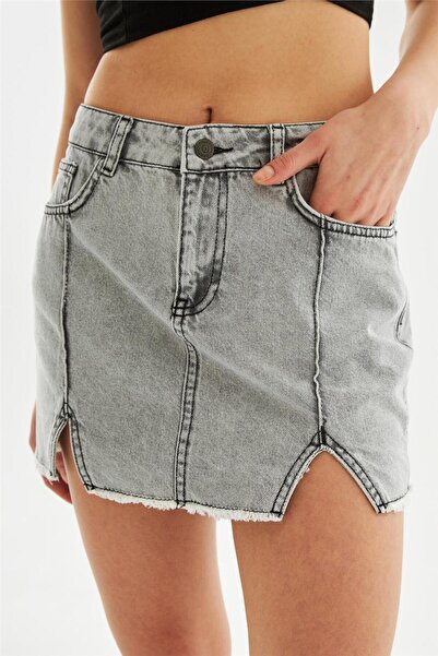 EXPLODE - Kadın Pileli Yırtmaçlı Yüksek Bel Mini Kot Etek Antrasit