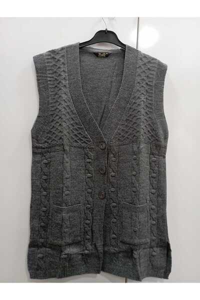 NUR TEKSTİL kadın gri yün karışım triko düğmeli cepli kaliteli büyük beden yelek