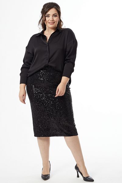 Moda Alba BLACK WOMEN'S KNITTED LINED ELASTIC WAIST PULLED PAYET LARGE SIZE PENCIL SKIRT