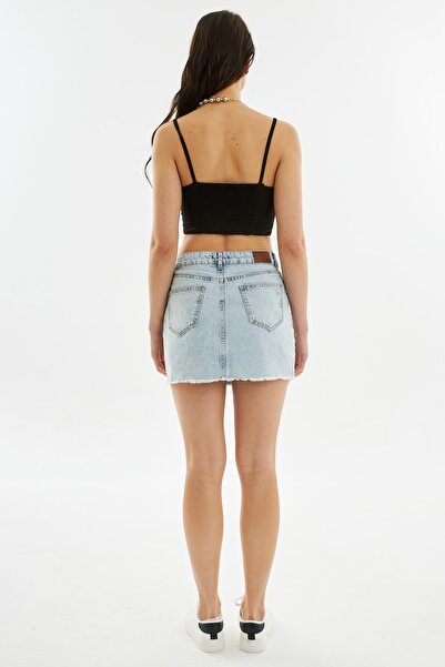EXPLODE - Kadın Yırtık Detaylı Mini Kot Etek Açık Mavi