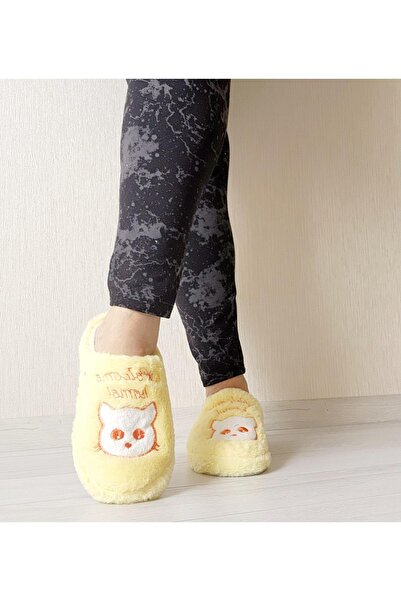 AkınalBella İçi Dışı Yumuşacık Beyaz Kedi Figürlü Kışlık Ev Terliği