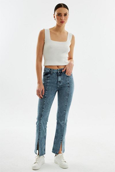EXPLODE - Women's Front Leg Slit Detailed Slim Fit Jeans Light Blue