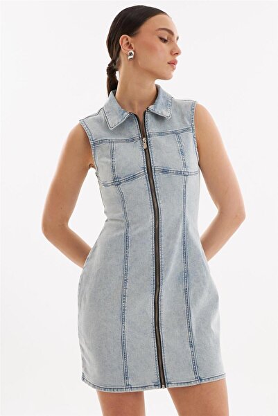 EXPLODE - Fermuarlı Mini Denim Elbise Açık Mavi