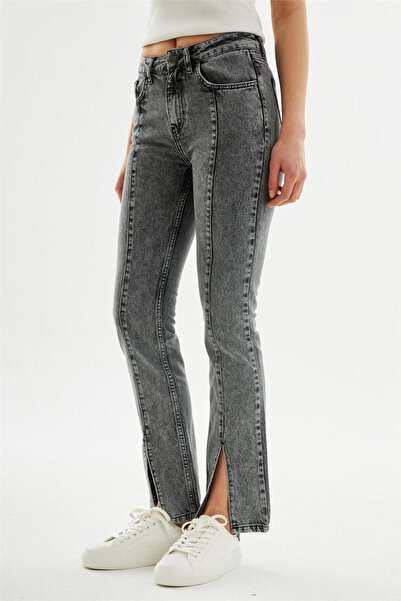 EXPLODE - Kadın Önden Paça Yırtmaç Detaylı Slim Fit Kot Pantolon Antrasit