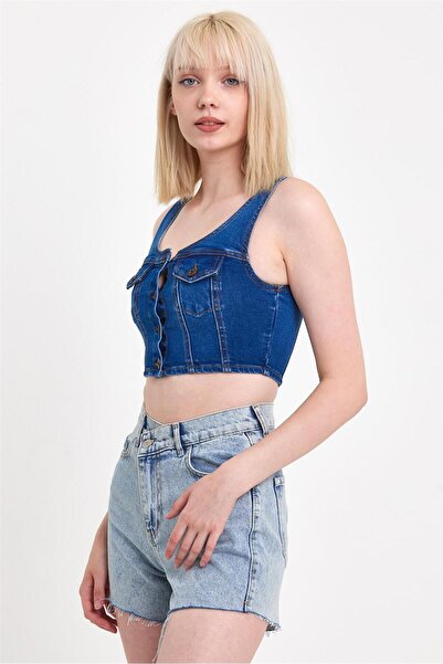 EXPLODE - Kadın Önü Düğmeli Cep Detaylı Askılı Denim Crop Lacivert