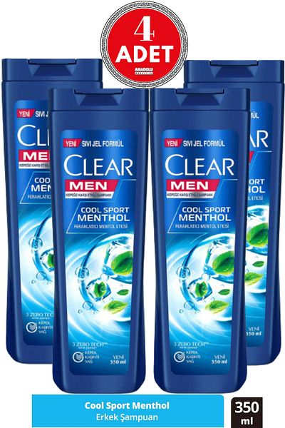 Clear Cool Sport Menthol Refreshing Shampoo - Effective Against Dandruff, 350 ml, 4 Pieces