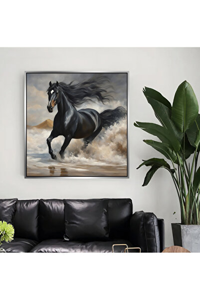 Markazip Gümüş Metal Çerçeveli Koşan Siyah At Kanvas Tablo 90x90cm Kod: Lh102-k
