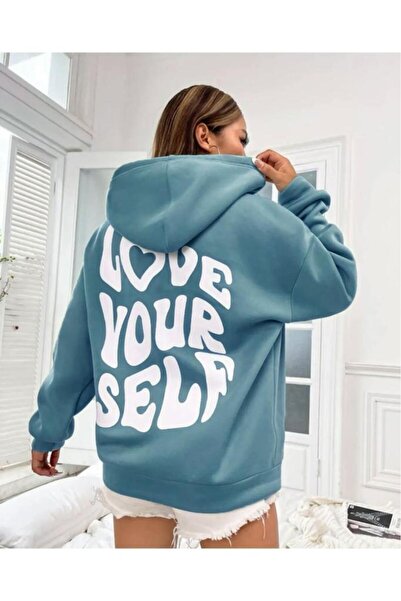 Combineman35 Kadın Petrol Love Yourself Baskılı Kapüşonlu Sweatshirt