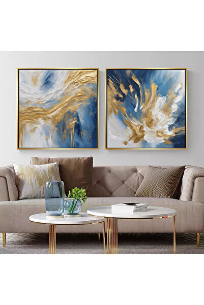 Markazip Mavi Gold Fırça Desenleri Altın Metal Çerçeveli 70x70cm Ikili Kanvas...