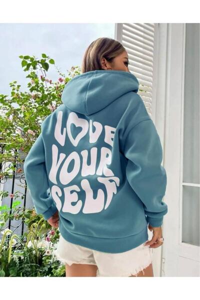 Combineman35 Kadın Petrol Love Yourself Baskılı Kapüşonlu Sweatshirt