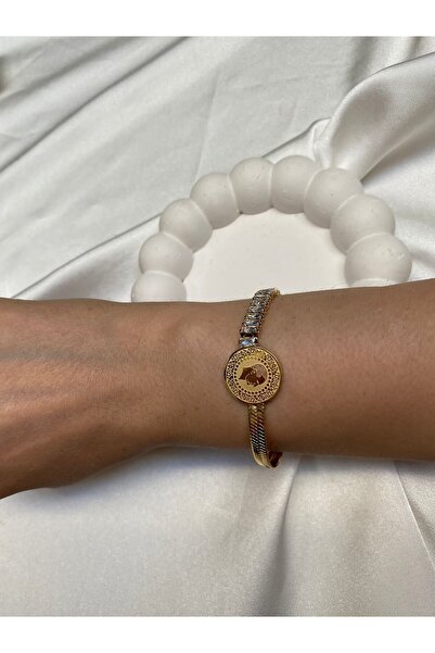 Accessories Çeyrekli Taşlı Italyan Zincirli Çelik Gold Renk Bileklik Künye