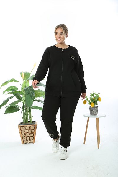 XL Modam Women's Large Size 3 Thread Raised Black Cardigan Trousers Set