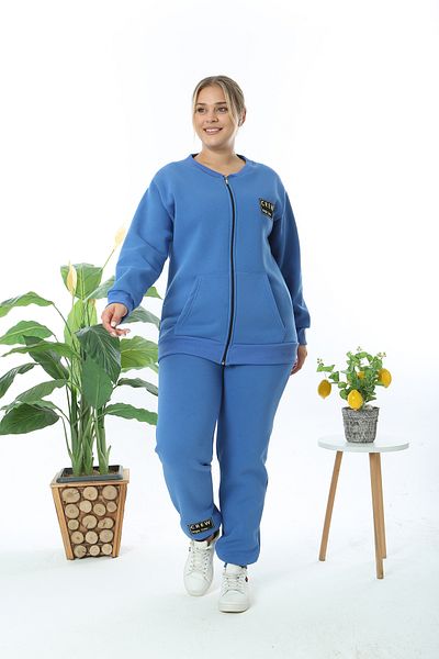 XL Modam Costum cu pantaloni cardigan albastru cu glugă pentru femei de mărime mare