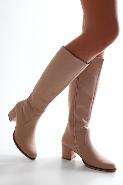 Shoeberry Women's Anna Beige Suede Heeled Boots Beige Suede
