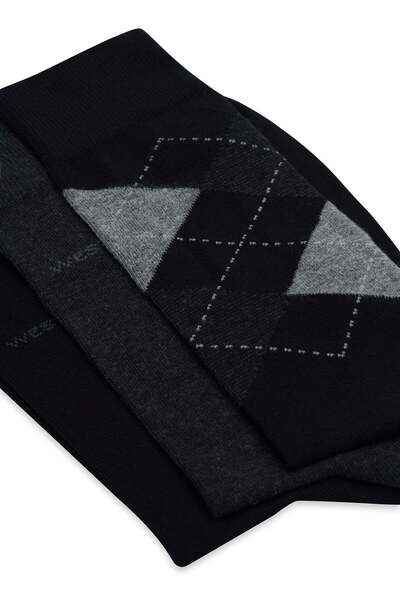 WESTMARK LONDON Set of 4 Black Anthracite Diamond Patterned Cotton Blended Men's Socks ARGYLE