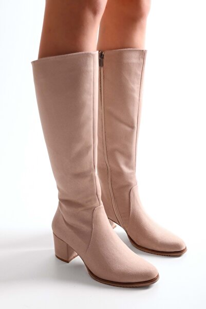Shoeberry Women's Anna Beige Suede Heeled Boots Beige Suede