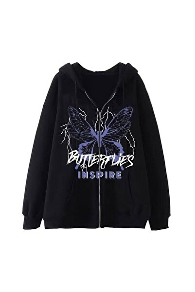 Tarzsokak Butterflies Kelebek Desenli Fermuarlı Hoodie 14534