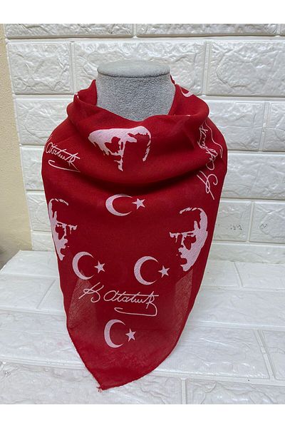 sema aksesuar Red Crescent and Ataturk Silhouette Signed Cotton Fabric Scarf - 23 April, 29 October, 19 May