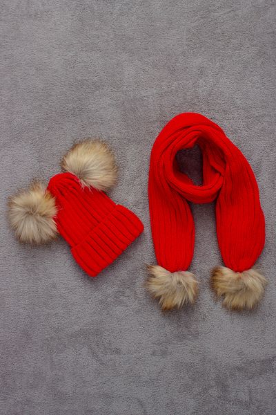 ADA BEBEK ÇOCUK Double Pompom Scarf Beret Set
