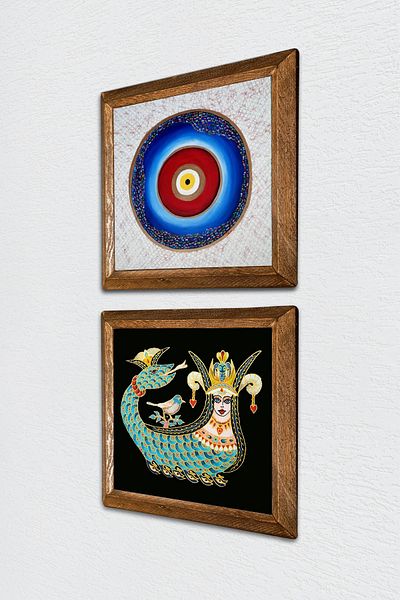 Pinecone Evil Eye, Shahmeran Stone Wall Painting with Wooden Frame Wall Decor 2 Piece Painting Set Wall Art -W2-274-