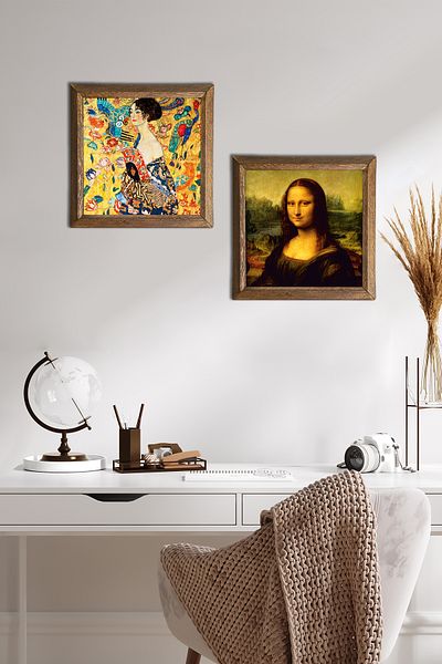 Pinecone Gustav Klimt Woman with the Fan, Da Vinci Mona Lisa Stone Wall Painting Framed Wall Decor -W2-330-