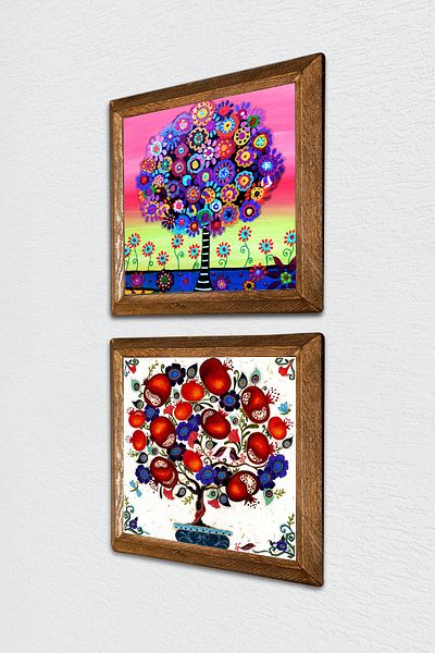 Pinecone Tree of Life, Pomegranate Tree Stone Wall Painting Wood Framed Wall Decor 2 Piece Painting Set -W2-709-