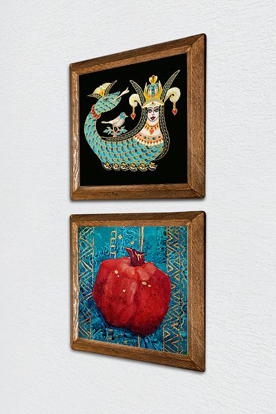 Pinecone Şahmeran, Pomegranate Stone Wall Painting with Wooden Frame Wall Decor 2 Piece Painting Set Wall Art -W2-86-