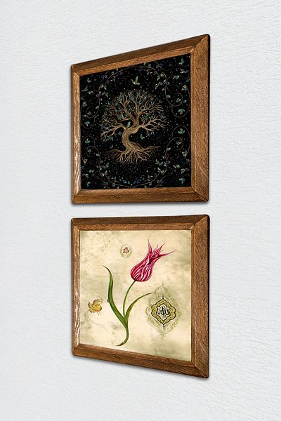 Pinecone Tree of Life, Tulip Stone Wall Painting Wood Framed Wall Decor 2-Piece Painting Set Wall Art -W2-693-