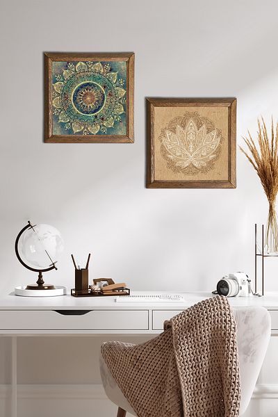 Pinecone Mandala, Lotus Flower Stone Wall Painting with Wooden Frame Wall Decor 2 Piece Painting Set -W2-502-