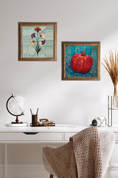 Pinecone Ebru Art, Pictură pe perete din piatră de rodie Decor de perete cu rame din lemn Set de pictură din 2 piese Wall Art -W2-136-
