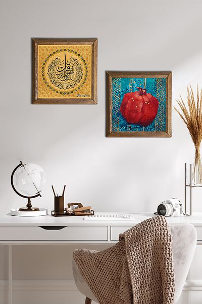 Pinecone Nas Suresi, pictură pe perete cu piatră de rodie, decor de perete cu cadru din lemn, set de pictură din 2 piese, artă de perete -W2-140-