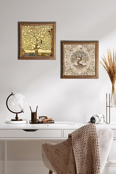 Pinecone Arborele vieții Pictură pe perete din piatră Decor de perete cu rame din lemn Set de pictură din 2 piese Artă de perete -W2-194-