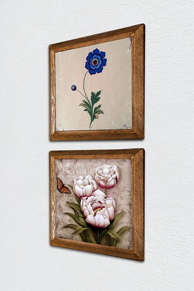 Pinecone Ebru Art, Fluture Floare Piatra Pictura Perete Decor de perete cu rama din lemn Set de 2 tablouri -W2-306-