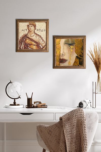 Pinecone Mosaic of Soteria, Gustav Klimt Golden Tears Stone Wall Painting Framed Wall Decor -W2-365-