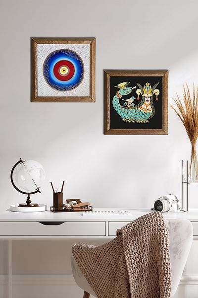 Pinecone Evil Eye, Shahmeran Stone Wall Painting with Wooden Frame Wall Decor 2 Piece Painting Set Wall Art -W2-274-