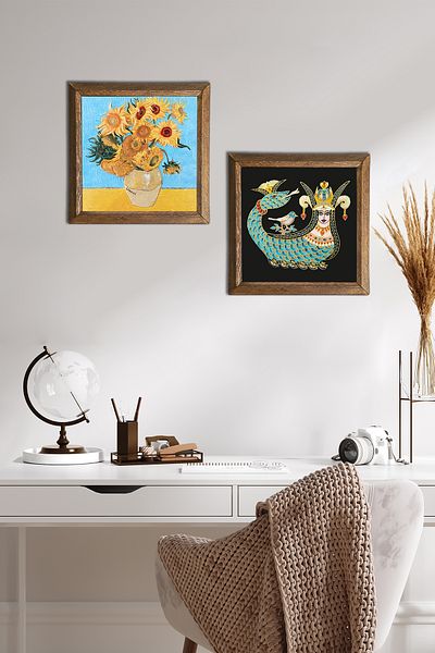 Pinecone Van Gogh Twelve Sunflowers Vase, Shahmeran Stone Wall Painting with Wooden Frame Wall Decor -W2-278-