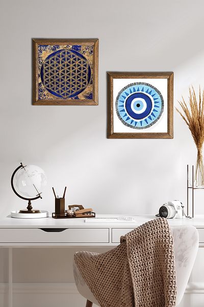 Pinecone Evil Eye, Floarea Vieții Pictură pe perete din piatră Decor de perete cu rame din lemn Set de 2 picturi Artă de perete -W2-462-