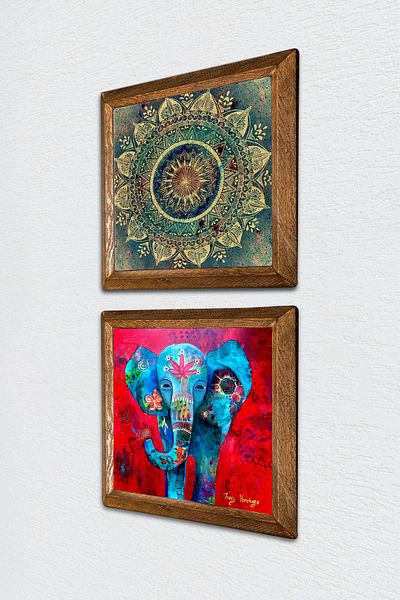 Pinecone Mandala, elefant pictură pe perete din piatră cu cadru din lemn Decor de perete 2 bucăți set de pictură Wall Art -W2-575-