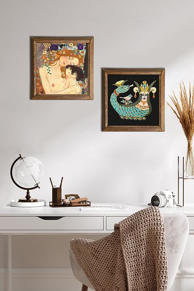 Pinecone Gustav Klimt Mother Child, Shahmeran Stone Wall Painting with Wooden Frame Wall Decor 2 Piece Painting -W2-232-