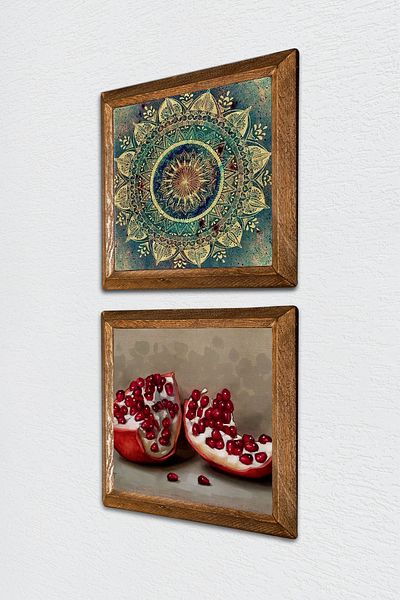 Pinecone Mandala, Pomegranate Stone Wall Painting with Wooden Frame Wall Decor 2 Piece Painting Set Wall Art -W2-245-