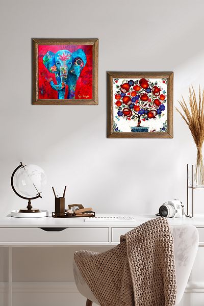 Pinecone Elephant, Pomegranate Tree Stone Wall Painting with Wooden Frame Wall Decor 2 Piece Painting Set Wall Art -W2-179-