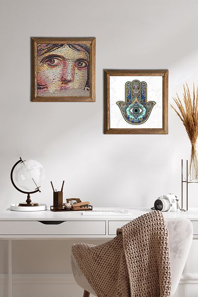 Pinecone Gypsy Girl Mosaic, Fatma Mother Hand (Hamsa) Stone Wall Painting Wooden Framed Wall Decor -W2-22-