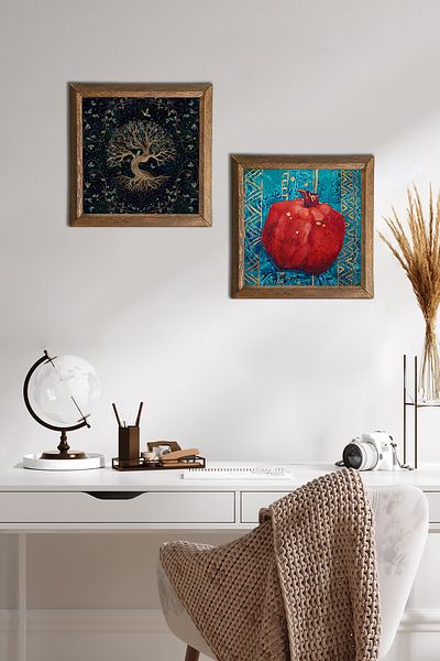 Pinecone Tree of Life, Pomegranate Stone Wall Painting Wood Framed Wall Decor 2 Piece Painting Set Wall Art -W2-113-