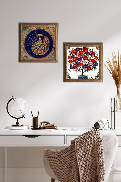 Pinecone Păun, pictură pe perete din piatră de pom de rodie, decor de perete cu rame din lemn, set de pictură din 2 piese -W2-172-