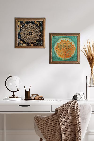 Pinecone Sri Yantra, pictură pe perete cu piatră de flori de lotus, decor de perete cu rame din lemn, set de pictură din 2 piese -W2-534-
