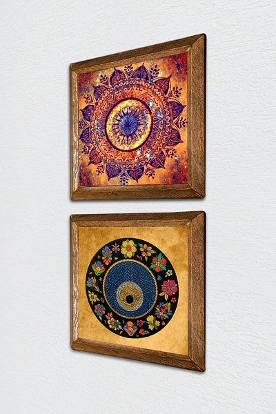Pinecone Mandala, Piatra de ochi rău Pictură pe perete Decor de perete cu rame din lemn Set de pictură din 2 piese Artă de perete -W2-411-