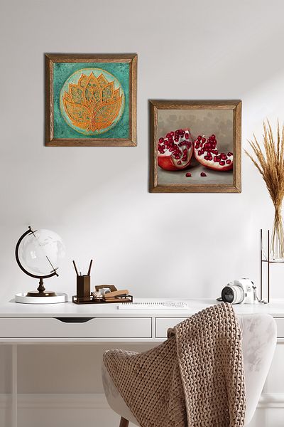 Pinecone Lotus Flower, Pomegranate Stone Wall Painting with Wooden Frame Wall Decor Set of 2 Painting Wall Art -W2-755-