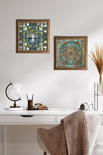 Pinecone Tree of Life, Flower of Life Stone Wall Painting Wood Framed Wall Decor 2 Piece Painting Set -W2-520-