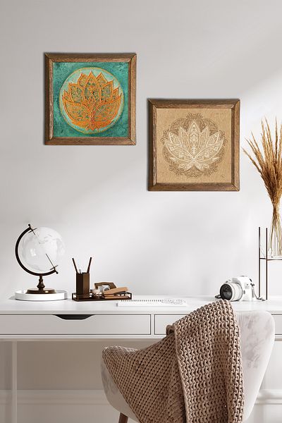 Pinecone Pictură pe perete cu piatră de flori de lotus Decor de perete cu rame din lemn Set de pictură din 2 piese Artă de perete -W2-498-